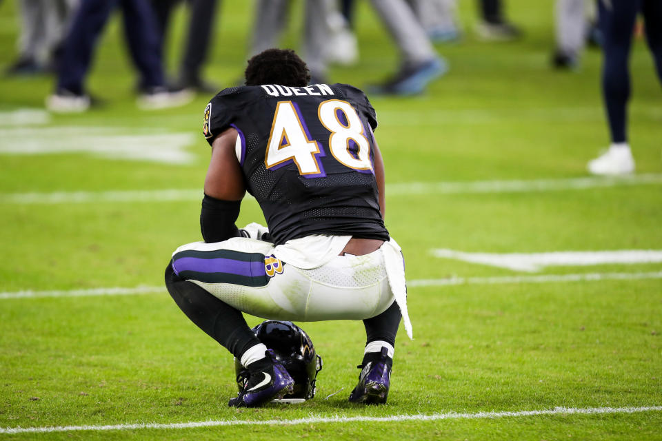 Ravens linebacker Patrick Queen had some ups and downs as a 16-game rookie starter, but his arrow appears pointed upward. (Photo by Nicole Fridling/Icon Sportswire via Getty Images)