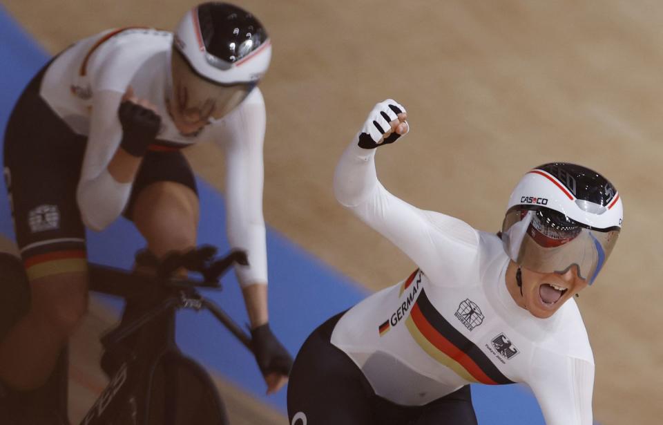 <p>Germany smashed the women’s team cycling heat as Franziska Brausse, Lisa Brennauer, Lisa Klein and Mieke Kroeger crossed the 4km finish line in a time on 3:07:307 seconds. They made a new record, pipping team GB to the post, who previously held the record with a time of 4:10.236.</p>