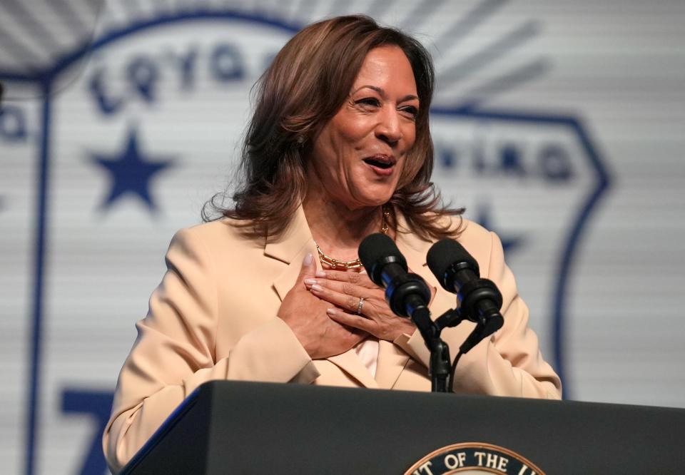 Vice President Kamala Harris addresses the convention of the Zeta Phi Beta Sorority Inc. July 24, 2024, in Indianapolis.