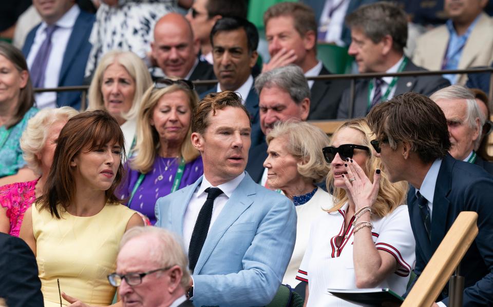 Sophie Hunter, Benedict Cumberbatch, Julia Roberts (Moder) and Daniel Moder are seen during the Novak Djokovic of Serbia and Carlos Alcaraz of Spain men’s singles final on day 14 at All England Lawn Tennis and Croquet Club.