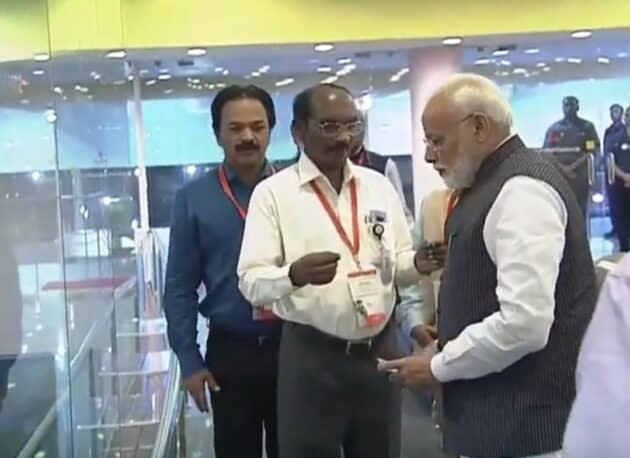 Kailasavadivoo Sivan. the chairman of the Indian Space Research Organization, briefs Prime Minister Narendra Modi on the status of the Chandrayaan 2 mission. (ISRO via YouTube)