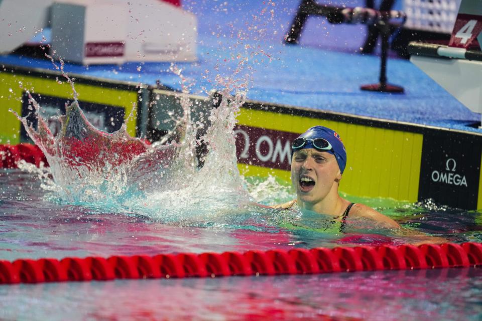 Katie Ledecky reacts after winning the women's 800-meter freestyle at the U.S. national championships swimming meet in Indianapolis, Tuesday, June 27, 2023. (AP Photo/Michael Conroy)