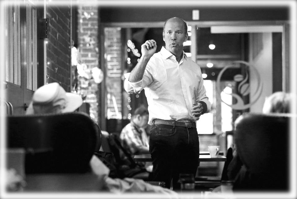 Presidential candidate John Delaney speaks during a campaign stop in Dubuque, Iowa. (Photo: Eileen Meslar/Telegraph Herald via AP; digitally enhanced by Yahoo News)