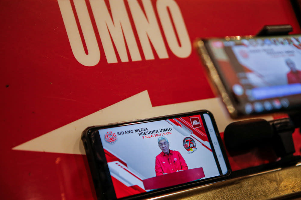 A livestream of Umno president Datuk Seri Ahmad Zahid Hamidi’s online press conference at Umno headquarters in Kuala Lumpur, July 7, 2021. — Picture by Hari Anggara