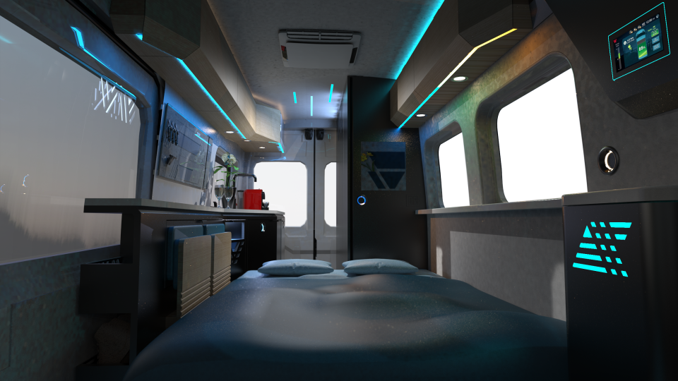 An interior rendering of Winnebago Industries' new electric RV concept