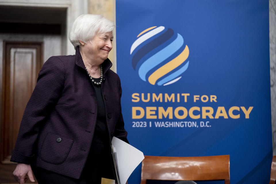 Treasury Secretary Janet Yellen arrives to speak during an anti-corruption panel discussion as part of the 2023 Summit for Democracy at the Treasury Department, Tuesday, March 28, 2023, in Washington. (AP Photo/Andrew Harnik)