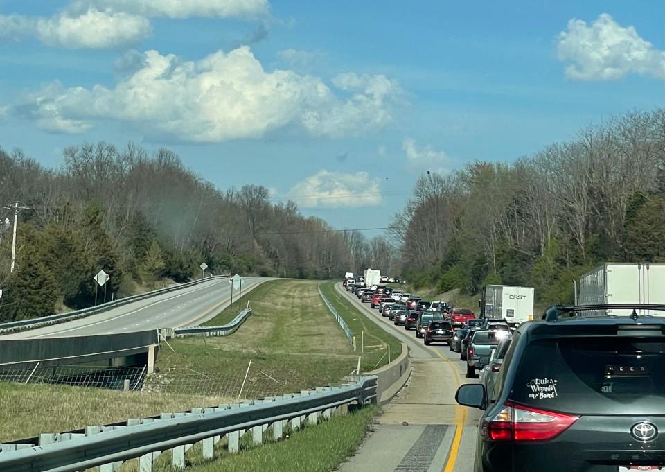 Bumper-to-bumper traffic was moving at a stop-and-go pace on eastbound Interstate 74 west of the Ohio border as sightseers returned from watching the solar eclipse on Monday, April 8, 2024.