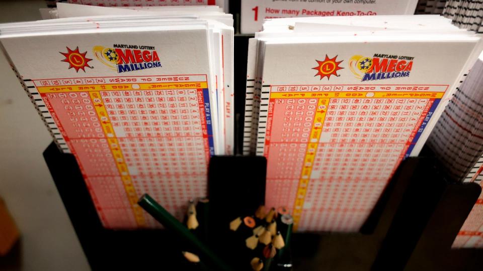 PHOTO: Mega Millions forms are stacked and waiting on players on Aug. 7, 2023 in Silver Spring, Md. (Chip Somodevilla/Getty Images, FILE)