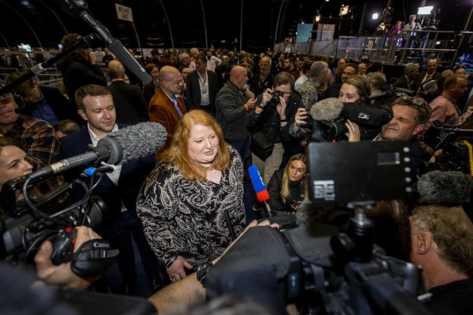 Alliance Party leader Naomi Long at the Titanic Exhibition Centre in Belfast speaking with media after she was returned as an MLA for the Northern Ireland Assembly (Liam McBurney/PA) (PA Wire)