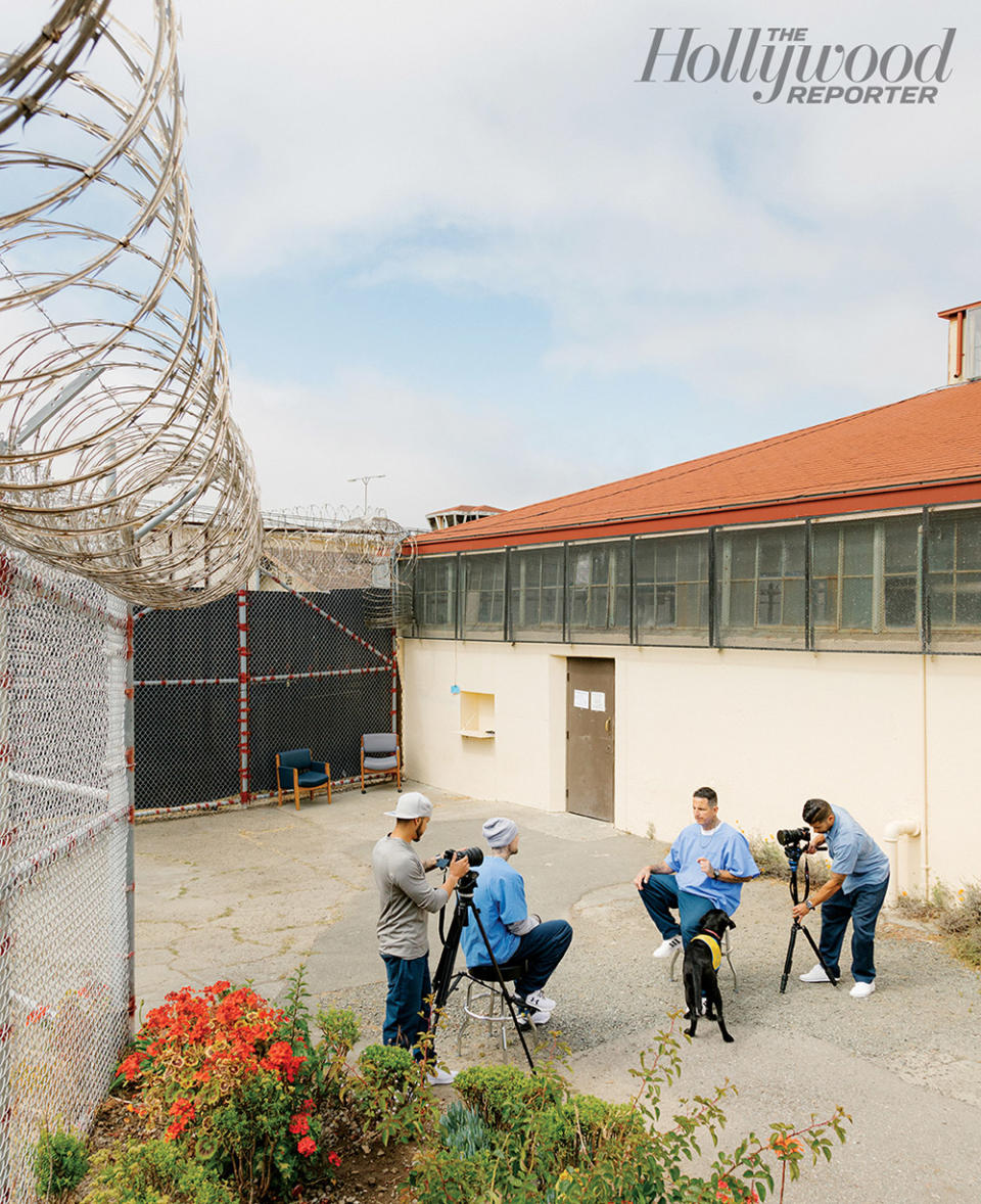 Anthony Gomez, Jeremy Strain, Nathan Venegas and Ryan Pagan were photographed shooting a movie on June 14 at San Quentin State Prison as part of ForwardThis, a film and TV production training program for the incarcerated.