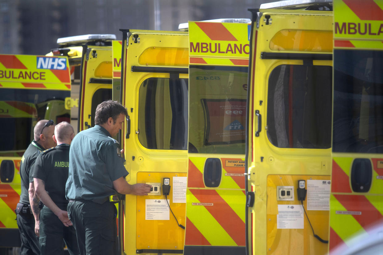 NHS workers prepare a line of ambulances outside at the NHS Nightingale Hospital at the Excel Centre in London as the UK continues in lockdown to help curb the spread of the coronavirus. (Photo by Victoria Jones/PA Images via Getty Images)