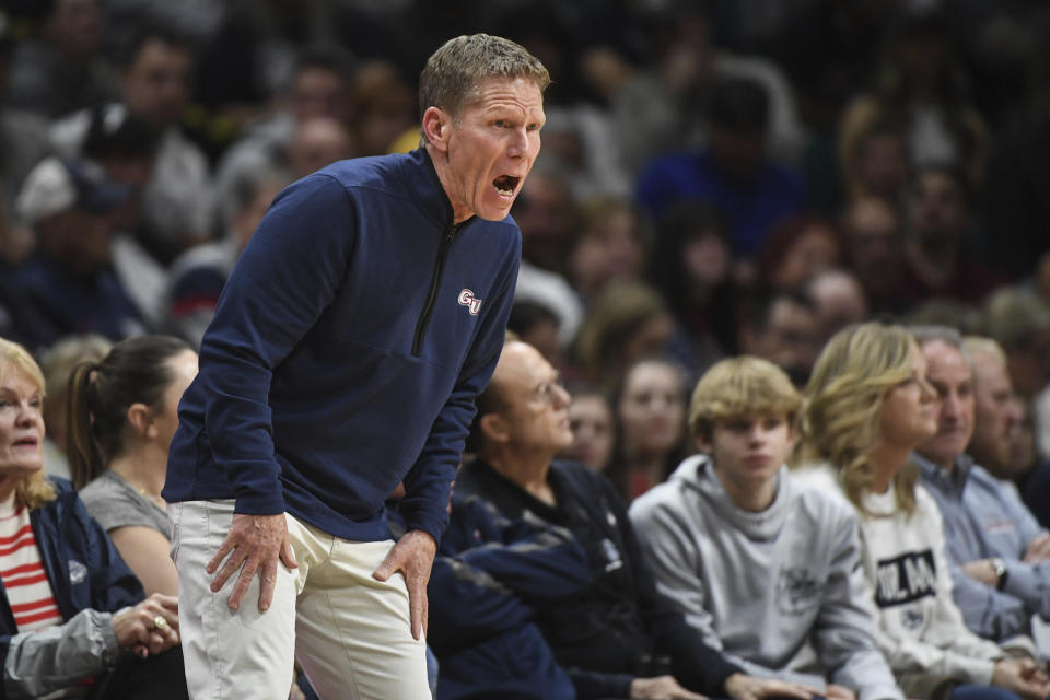 Gonzaga head coach Mark Few yells to his players during the first half of an NCAA college basketball game against Southern California Saturday, Dec. 2, 2023, in Las Vegas. (AP Photo/Sam Morris)