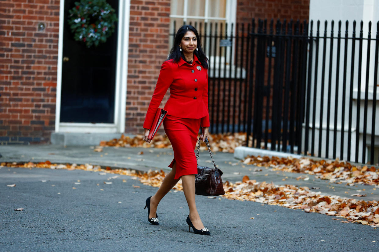 British Home Secretary Suella Braverman walks outside Downing Street in London, Britain December 6, 2022. REUTERS/Peter Nicholls