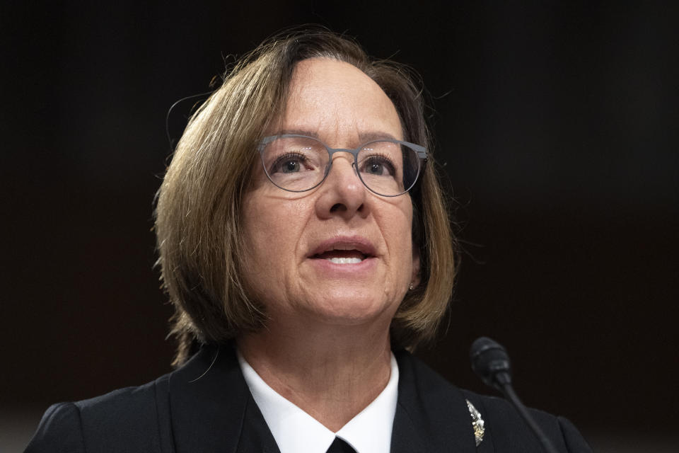 FILE - Navy Adm. Lisa Franchetti attends a Senate Armed Services Committee hearing on her nomination for reappointment to the grade of admiral and to be Chief of Naval Operations, Thursday, Sept. 14, 2023, on Capitol Hill in Washington. (AP Photo/Jacquelyn Martin, File)