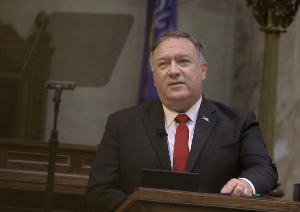 Secretary of State Mike Pompeo delivers remarks during a speaking appearance with state Republican legislators in the Senate chamber of the Wisconsin State Capitol in Madison, Wis. Wednesday, Sept. 23, 2020. (John Hart/Wisconsin State Journal via AP)