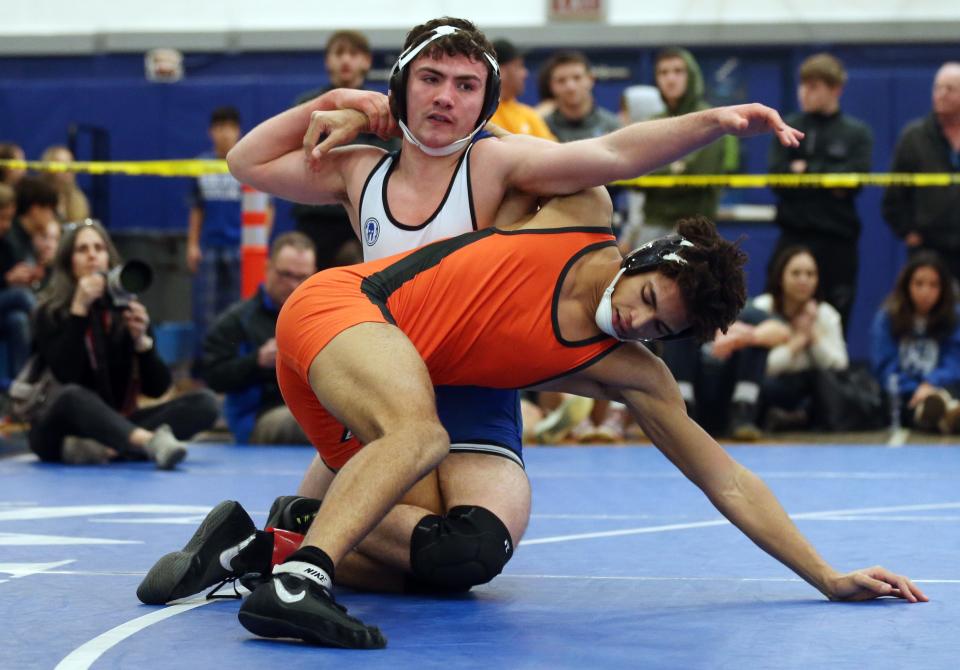 Pearl River's Kevin O'Sullivan on his way to defeating Croton's Fred Smithwick in the 160-pound weight class during the Section 1 Division II wrestling championships at Hendrick Hudson High School in Montrose Feb. 11, 2023.