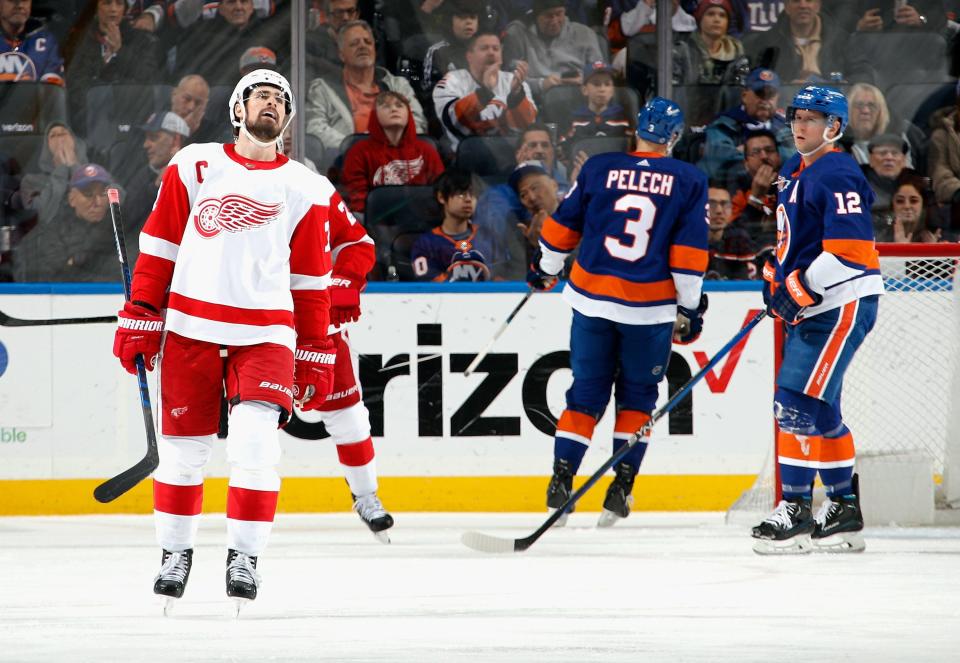 Dylan Larkin of the Detroit Red Wings reacts after missing a second-period opportunity against the New York Islanders at UBS Arena in Elmont, New York, on Friday, Jan. 27, 2023.