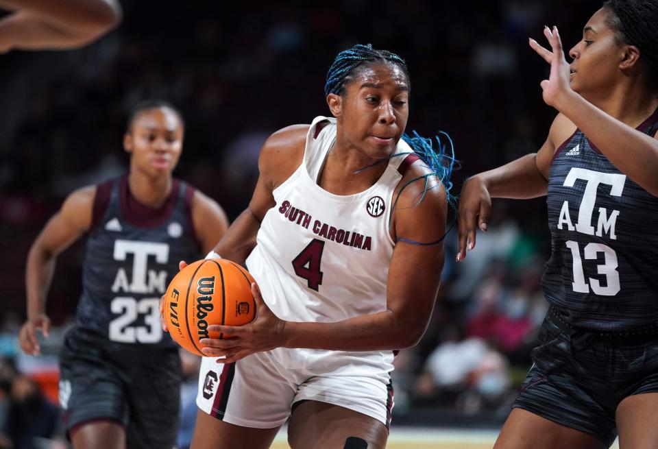 South Carolina forward Aliyah Boston (4) drives to the hoop against Texas A&M forward Jada Malone (13) during the first half Thursday, Jan. 13, 2022, in Columbia, S.C.