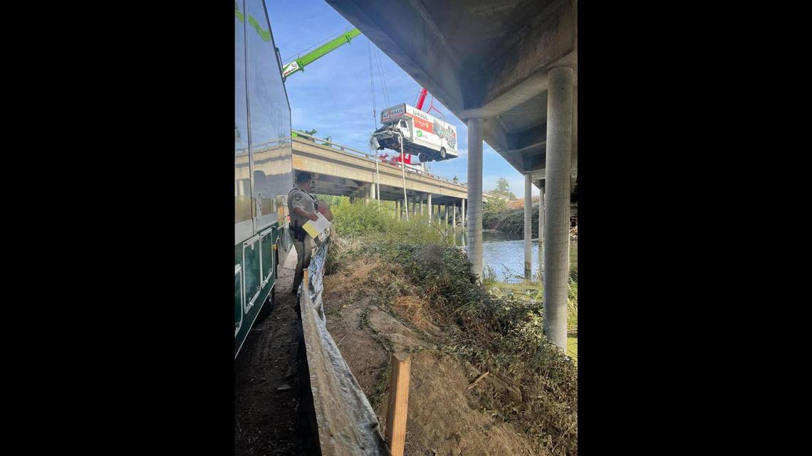 Authorities are looking for the driver a U-Haul truck that crashed into a guardrail along Highway 99 and into Bear Creek in Merced on Saturday, according to the CHP.  Image courtesy of California Highway Patrol. 