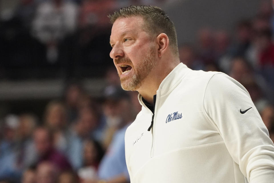 Mississippi head coach Chris Beard calls to his players during the second half of an NCAA college basketball game against Auburn, Saturday, Feb. 3, 2024, in Oxford, Miss. (AP Photo/Rogelio V. Solis)