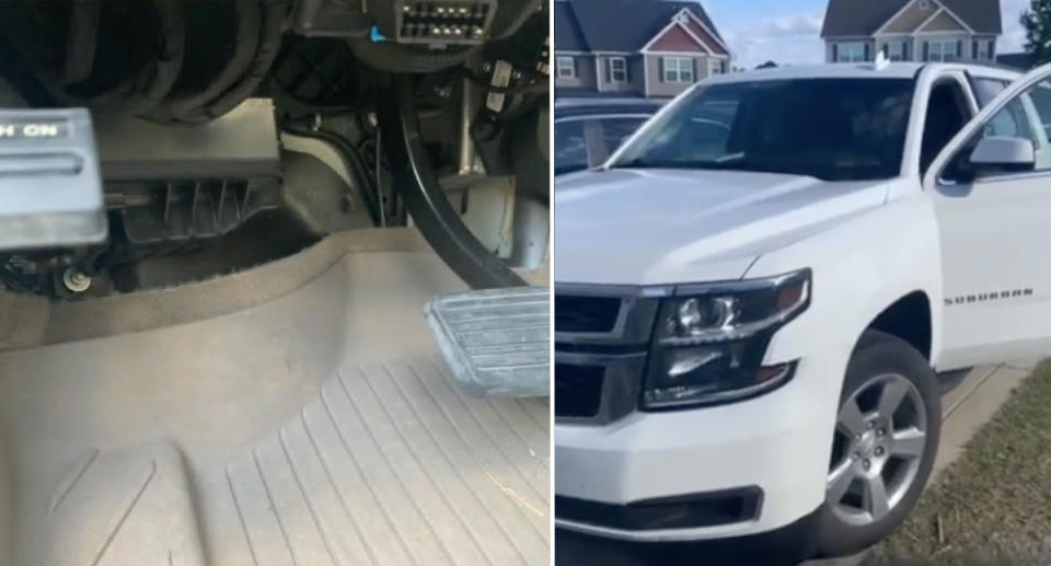 The inside of the white Chevy is pictured left and the exterior of the car on the right.