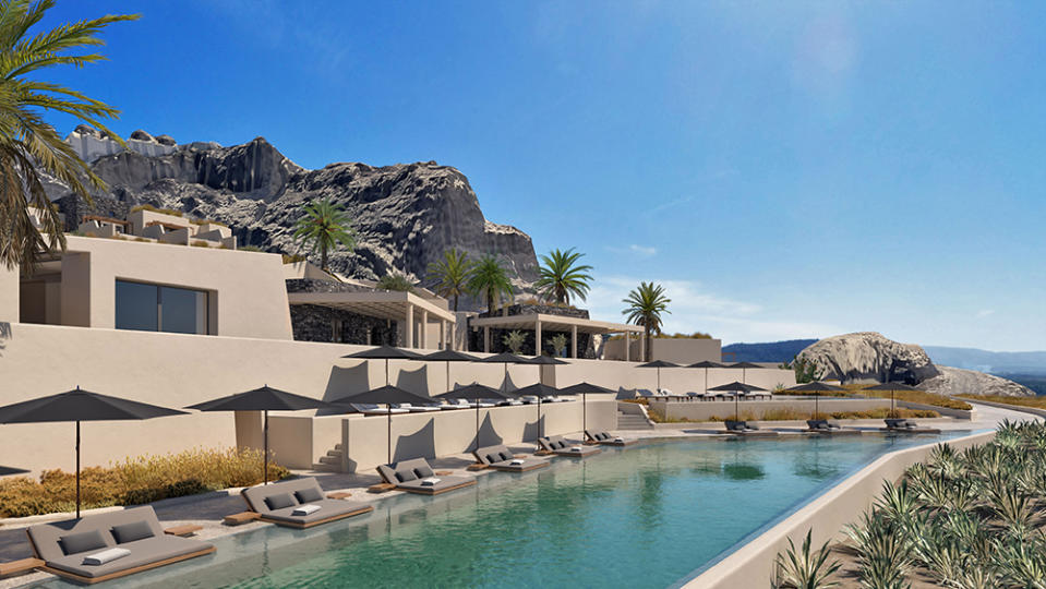 A rendering of poolside views at Santo Mine in Oia, Greece, opening June 2023. 