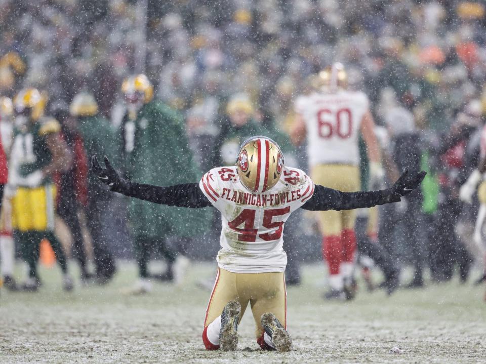 Demetrius Flannigan-Fowles reacts after the San Francisco 49ers win over the Green Bay Packers.