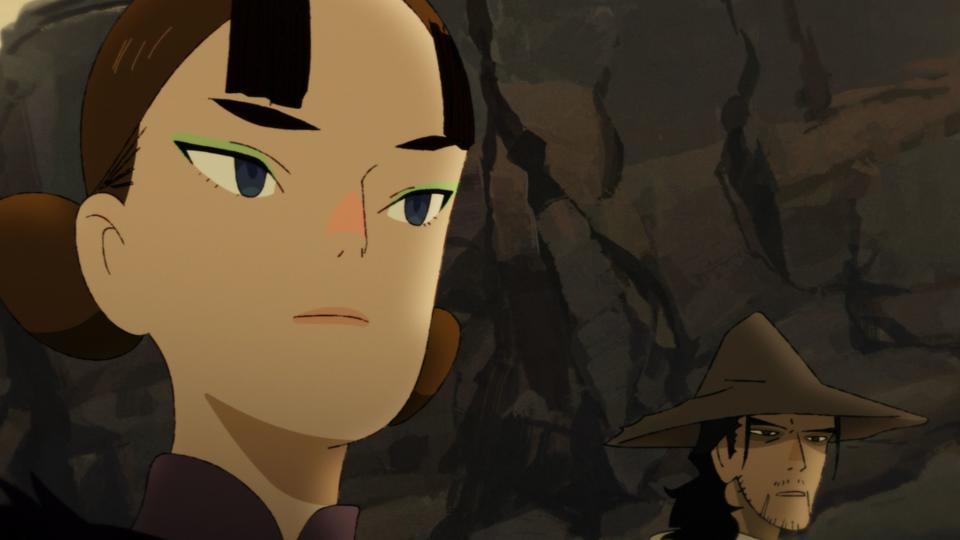 An animated woman and man with a hat by some rocks