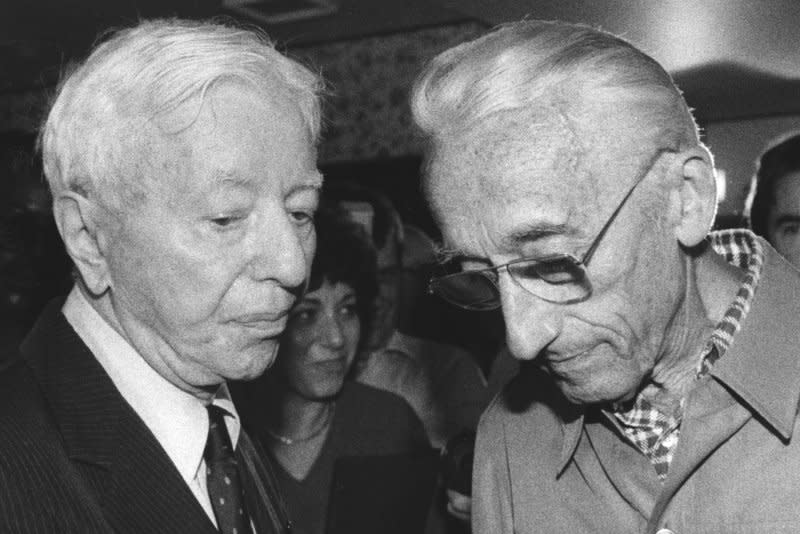Ret. Adm. Hyman Rickover (L) is seen with famed French oceanographer Jacques Cousteau at a Washington, D.C., luncheon in 1985. Rickover spent more than six decades in the Navy and is regarded as the father of today's nuclear fleet. File Photo by Leighton Mark/UPI