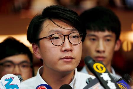 Hong Kong Indigenous member Edward Leung speaks after being disqualified from running in the Legislative Council elections in Hong Kong, China, August 2, 2016. REUTERS/Tyrone Siu/Files