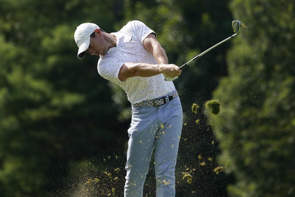 Rory McIlroy takes a shot on the tenth fairway during the third round of the Northern Trust golf tournament at TPC Boston, Saturday, Aug. 22, 2020, in Norton, Mass. (AP Photo/Charles Krupa)