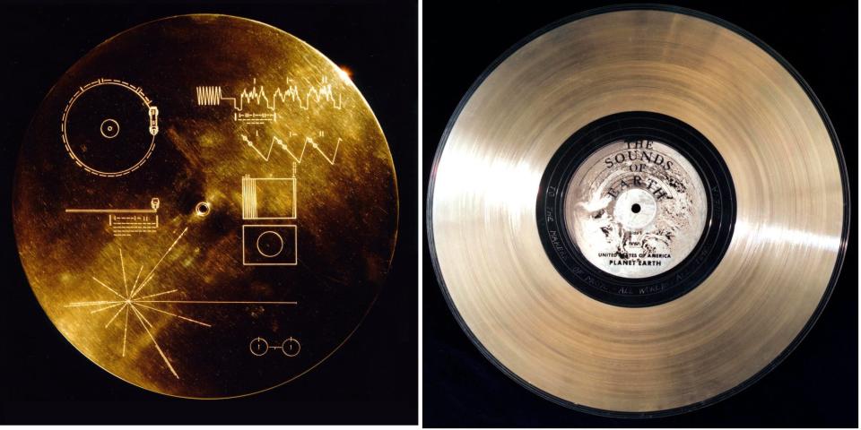 The two sides of NASA's golden record onboard the Voyager probes are shown here.