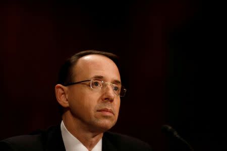 FILE PHOTO: Rod Rosenstein, nominee to be Deputy Attorney General, testifies before the Senate Judiciary Committee on Capitol Hill in Washington March 7, 2017. REUTERS/Aaron P. Bernstein/File Photo