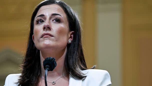 PHOTO: Cassidy Hutchinson, a top former aide to Trump White House Chief of Staff Mark Meadows, testifies during the sixth hearing by the House Select Committee on the January 6th insurrection, June 28, 2022. (Brandon Bell/Getty Images)
