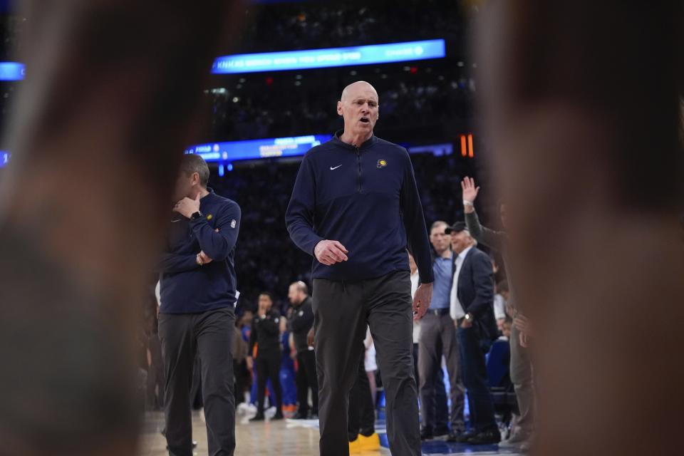 Indiana Pacers coach Rick Carlisle leaves the court after being ejected during the second half of Game 2 of the team's NBA basketball second-round playoff series against the New York Knicks, Wednesday, May 8, 2024, in New York. The Knicks won 130-121. (AP Photo/Frank Franklin II)