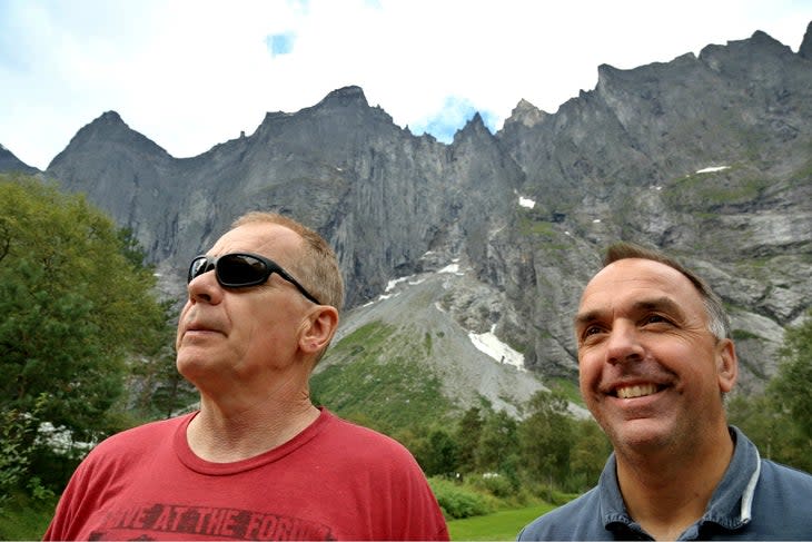 <span class="article__caption">John Long and Fred Husoy reunite beneath the Troll Wall, 2012.</span> (Photo: John Long Collection)