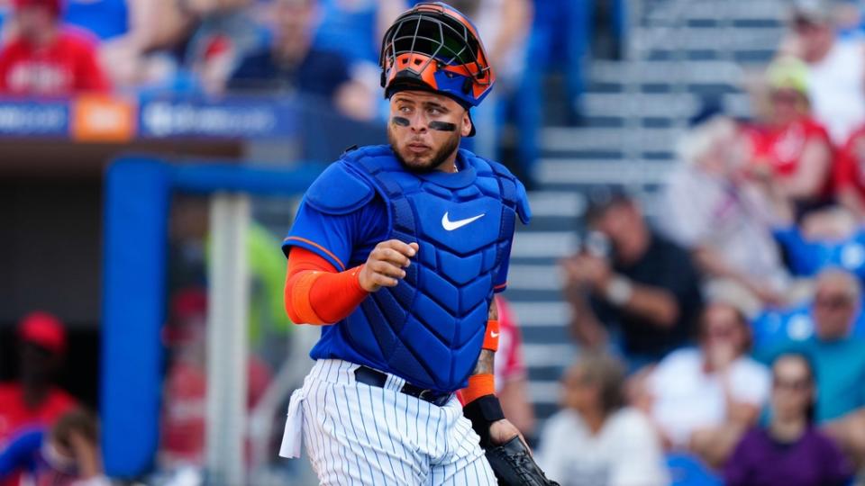 March 3, 2023;  Port St.  Lucie, Florida, USA;  New York Mets catcher Francisco Alvarez (50) walks off the field against the Washington Nationals during the seventh inning at Clover Park