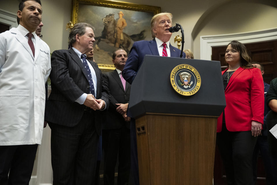 President Donald Trump speaks during an event on healthcare prices in the Roosevelt Room of the White House, Friday, Nov. 15, 2019, in Washington. (AP Photo/ Evan Vucci)