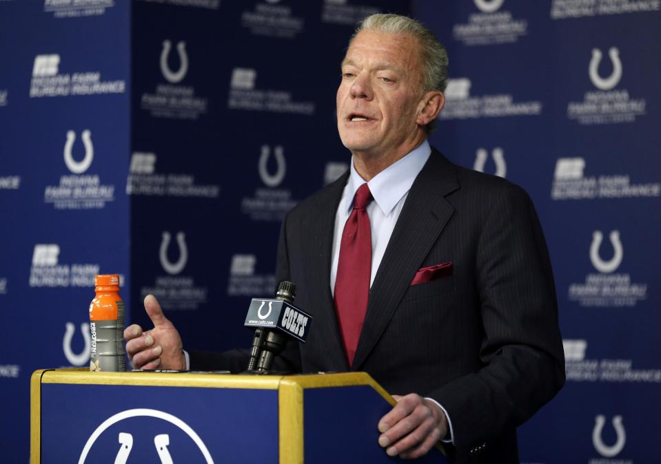 Indianapolis Colts owner and CEO Jim Irsay announces that he has relieved general manager Ryan Grigson of his duties with the team during a press conference at the NFL team's facility in Indianapolis, Saturday, Jan. 21, 2017. (AP Photo/Michael Conroy)