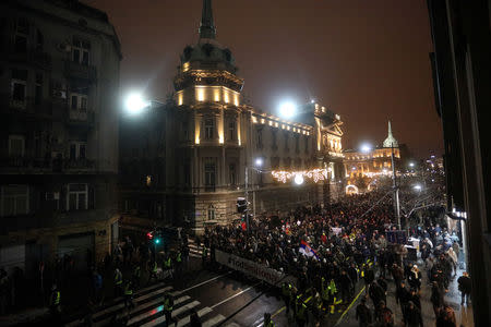 Demonstrators march during a protest against Serbian President Aleksandar Vucic and his government in central Belgrade, Serbia, January 12, 2019. REUTERS/Djordje Kojadinovic