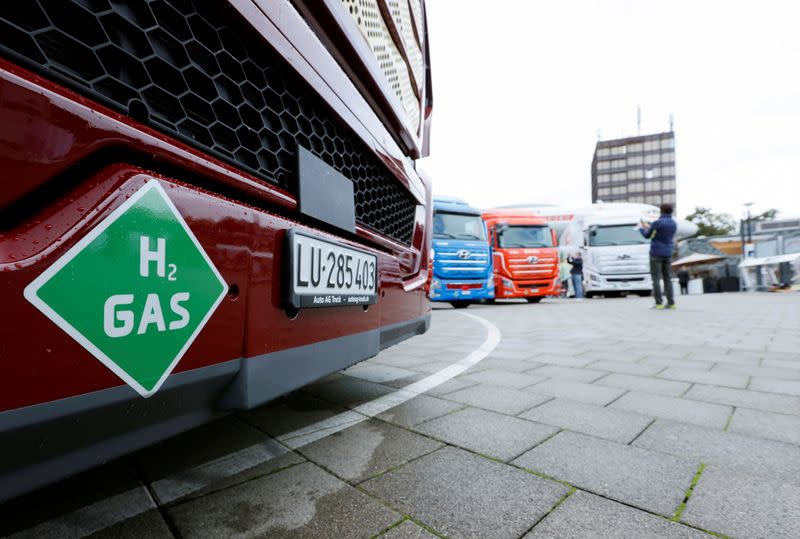FILE PHOTO: New hydrogen fuel cell truck made by Hyundai is displayed in Luzern