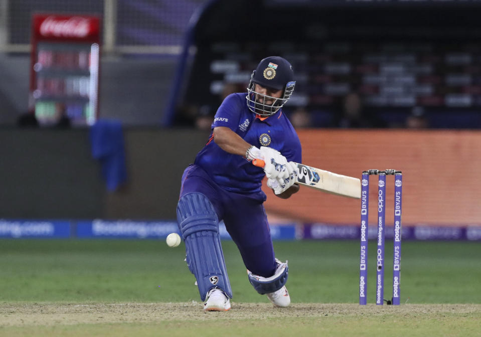 India's Rishabh Pant bats during the Cricket Twenty20 World Cup match between New Zealand and India in Dubai, UAE, Sunday, Oct. 31, 2021. (AP Photo/Aijaz Rahi)