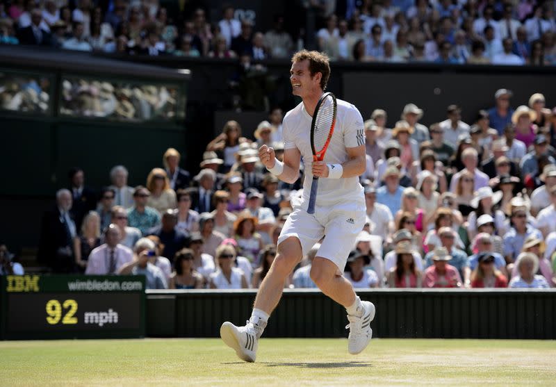 Handout image of Andy Murray of Britain playing against Novak Djokovic of Serbia in the Men's Singles Final on centre court at the 2013 Wimbledon Championships tennis tournament in London