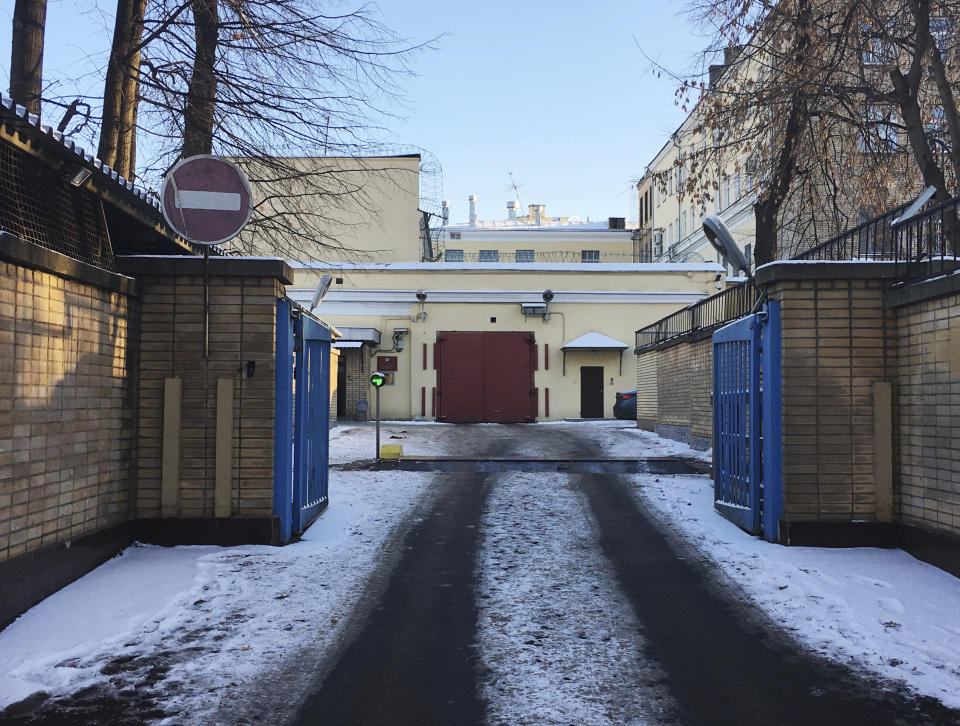 An entrance of the Lefortovo prison, in Moscow, Russia, Friday, Nov. 30, 2018. Kogershyn Sagiyeva, a member of the Moscow oversight council, told the television station Dozhd that 21 seamen are already at the Moscow Lefortovo jail while three other seamen are in a hospital in another jail. She said she met with some of the seamen and they appeared to be in good shape. (AP Photo/Vladimir Kondrashov)