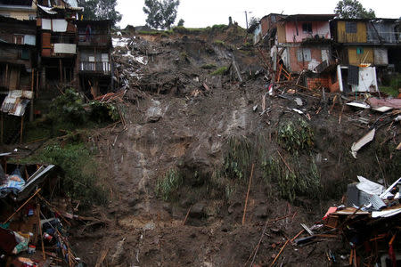 View of a neighborhood destroyed after mudslides, caused by heavy rains leading several rivers to overflow, pushing sediment and rocks into buildings and roads, in Manizales, Colombia April 19, 2017. REUTERS/Santiago Osorio