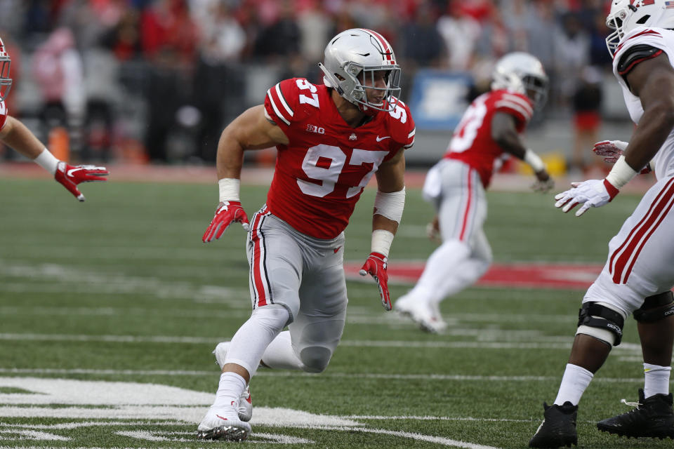 Ohio State defensive lineman Nick Bosa plays against Rutgers during an NCAA college football game Saturday, Sept. 8, 2018, in Columbus, Ohio. (AP Photo/Jay LaPrete)
