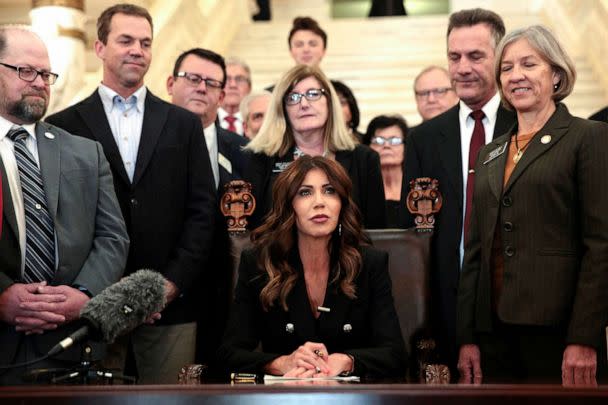 PHOTO: FILE - South Dakota Gov. Kristi Noem signs a bill on Feb. 3, 2022, at the state Capitol in Pierre, S.D. (Stephen Groves/AP, FILE)