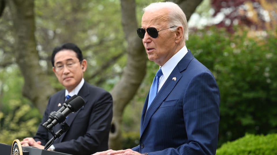 US President Joe Biden (R) and Japanese Prime Minister Fumio Kishida hold a joint press conference in the Rose Garden of the White House in Washington, DC, April 10, 2024. (Photo by SAUL LOEB / AFP) (Photo by SAUL LOEB/AFP via Getty Images) - Saul Loeb/AFP via Getty Images