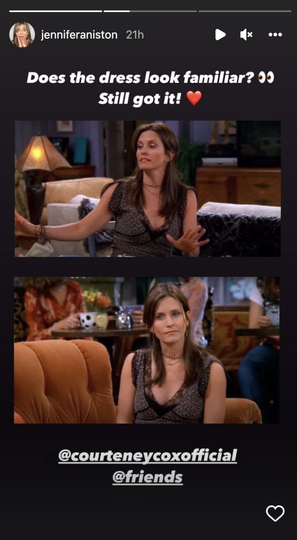 Esta es Monica, el personaje de Courteney Cox, usando dicho vestido (Instagram / Jennifer Aniston)