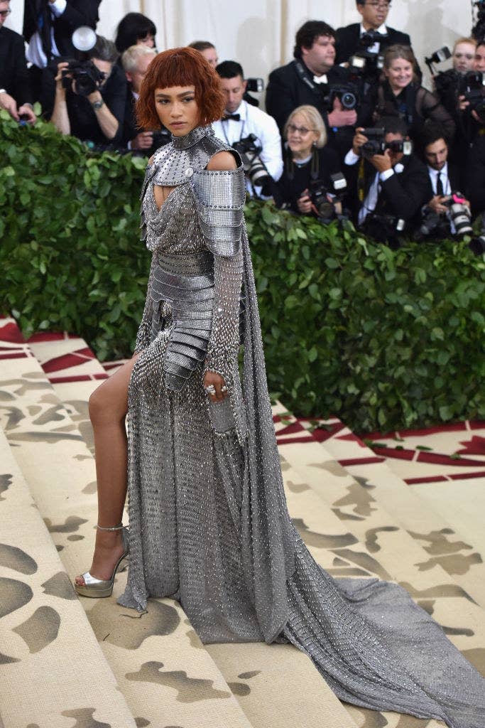 Zendaya attends the Heavenly Bodies: Fashion & The Catholic Imagination Costume Institute Gala in a knight's armor-inspired dress